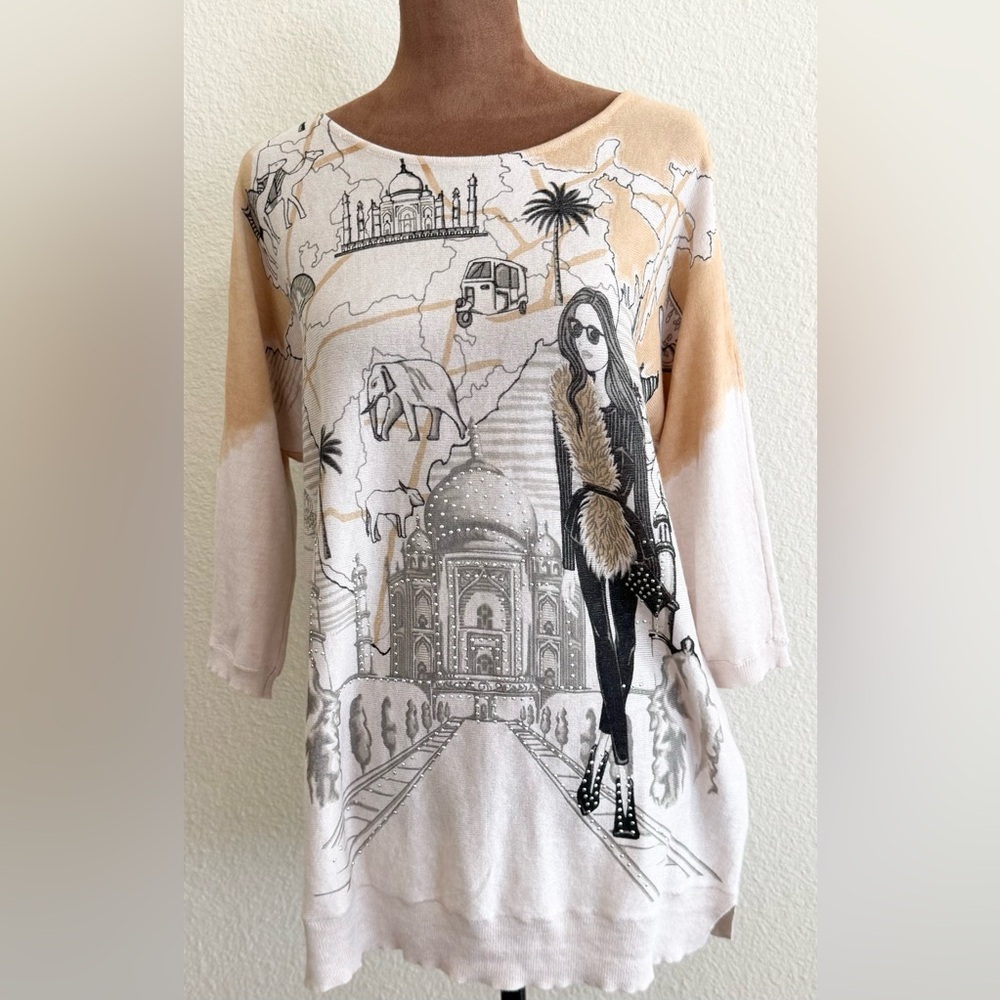 Mesh+Lace Graphic Long Sleeve Top with India Theme with Rhinestones